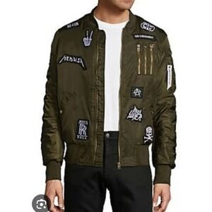 American‎ Stitch Olive Green Patched Bomber Jacket Men's Size XL Orange Lining